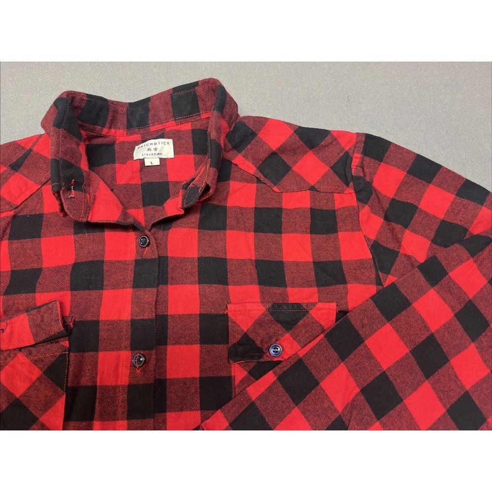 MATCHSTICK Red Buffalo Plaid Long Roll Tab Sleeve Flannel Shirt SIZE LARGE